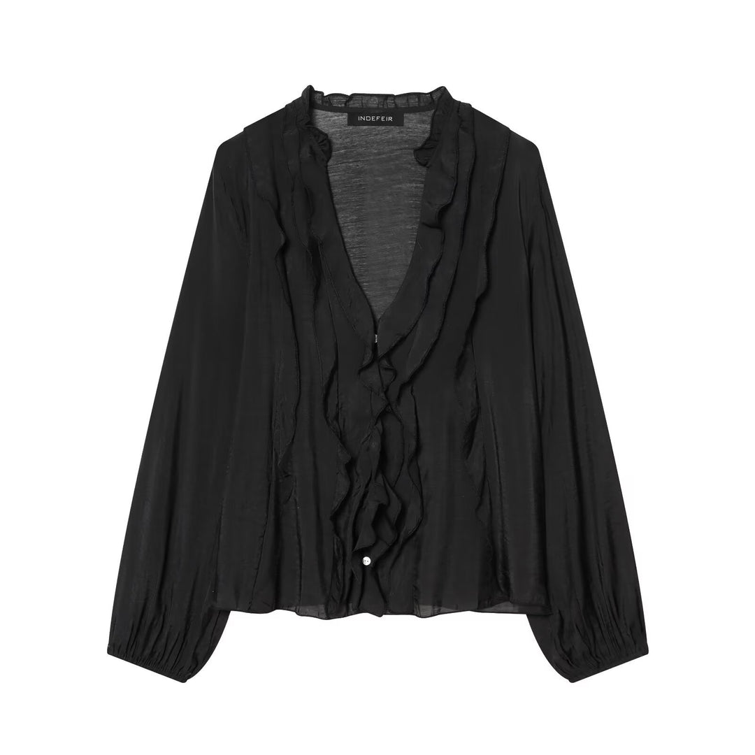 Damen Transparente Crinkle-Bluse mit Volantkragen, Rüschenfront und Ballonärmeln Shop Nory