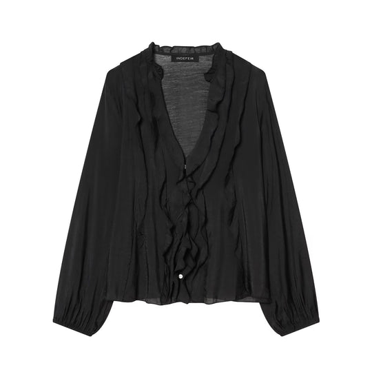 Damen Transparente Crinkle-Bluse mit Volantkragen, Rüschenfront und Ballonärmeln Shop Nory