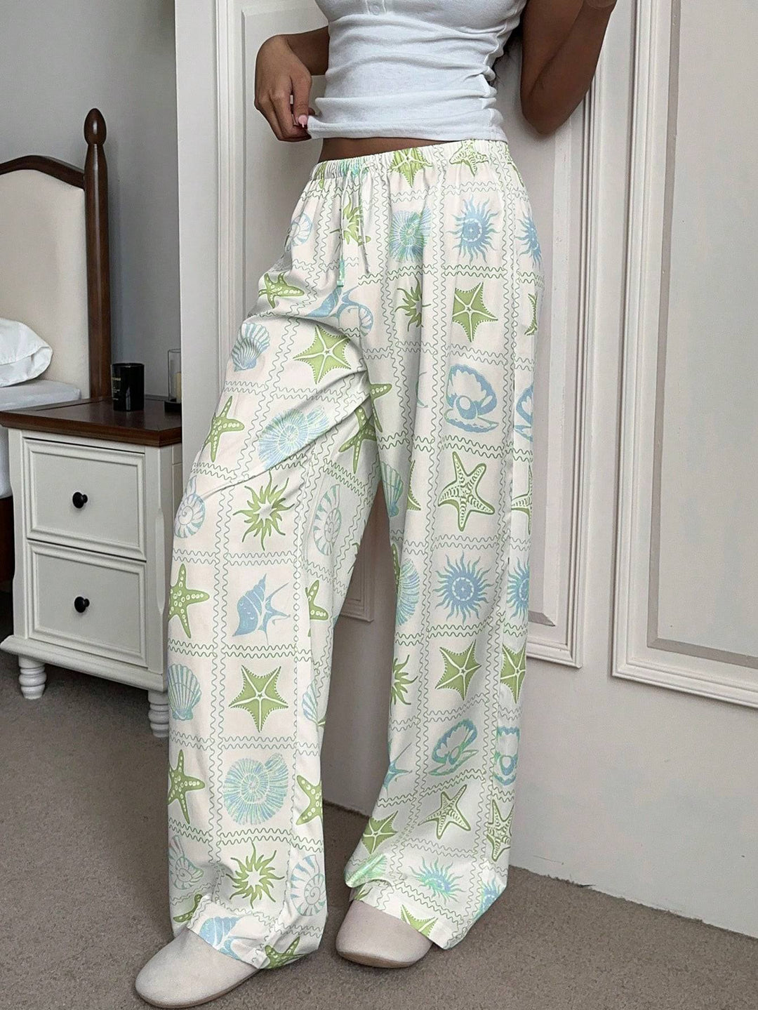 Damen Weite Loungehose mit elastischem Bund und Muschelprint Shop Nory