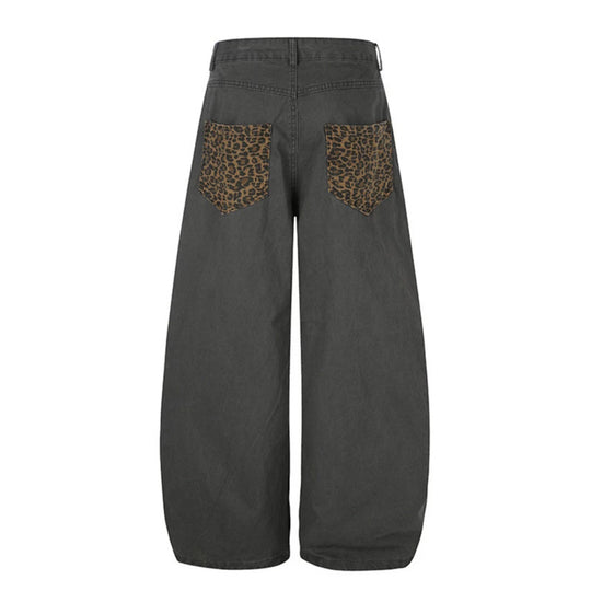 Damen Weite High‑Waist Palazzo-Jeanshose mit Leopardeinsätzen und Eingrifftaschen Shop Nory