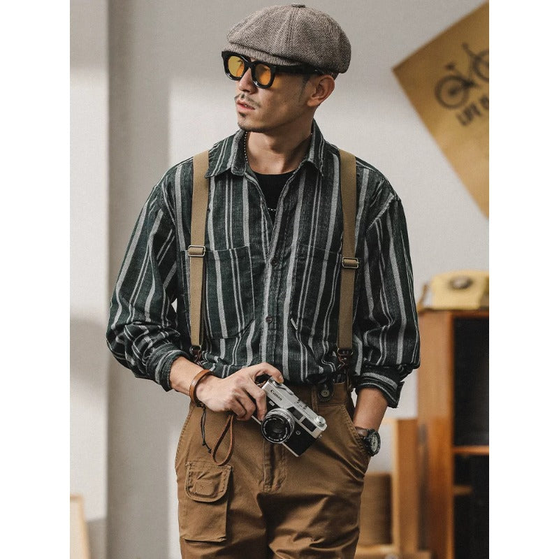 Herren Gestreiftes Overshirt-Hemd aus Baumwoll-Leinen mit Brusttaschen Shop Nory