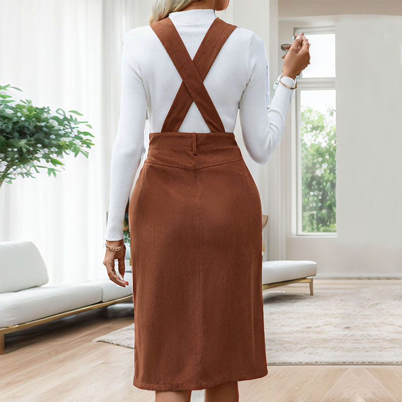 Damen Träger-Midikleid mit tiefem V‑Ausschnitt, tailliertem Bund und Frontschlitz Shop Nory