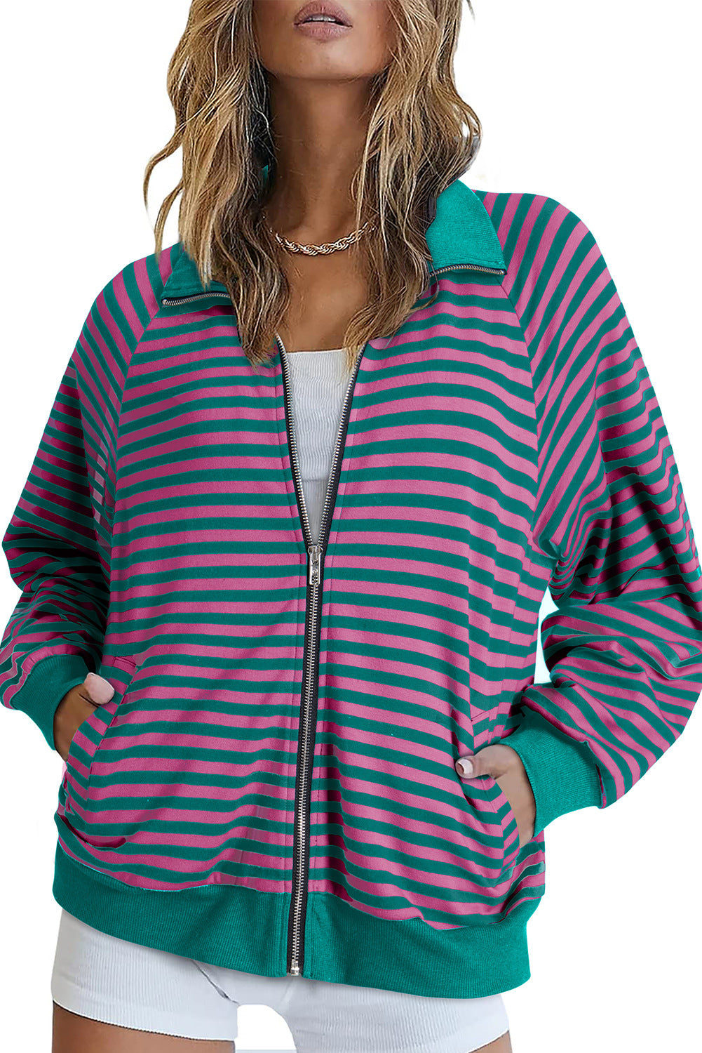 Damen Gestreifte Zip‑Jacke mit Reißverschluss, Raglanärmeln und Rippbündchen Shop Nory