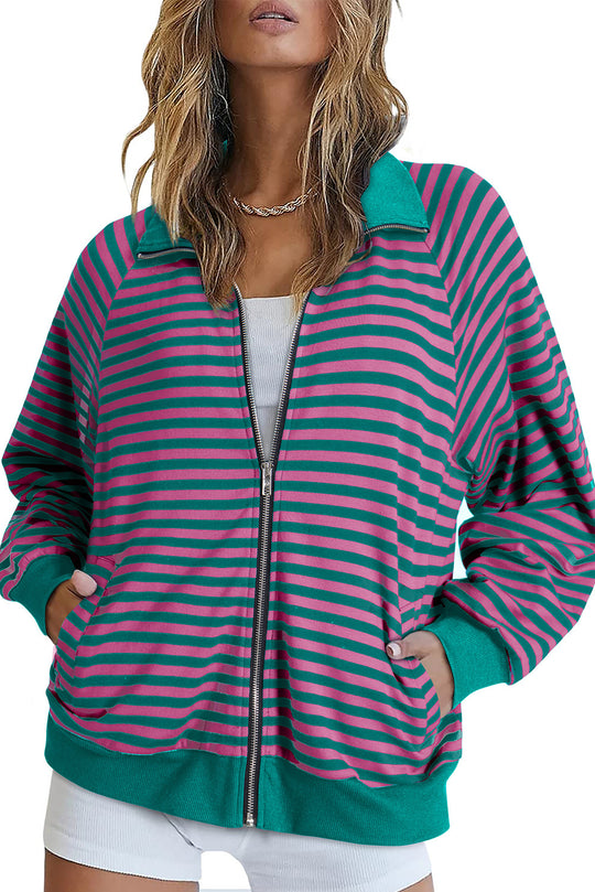 Damen Gestreifte Zip‑Jacke mit Reißverschluss, Raglanärmeln und Rippbündchen Shop Nory