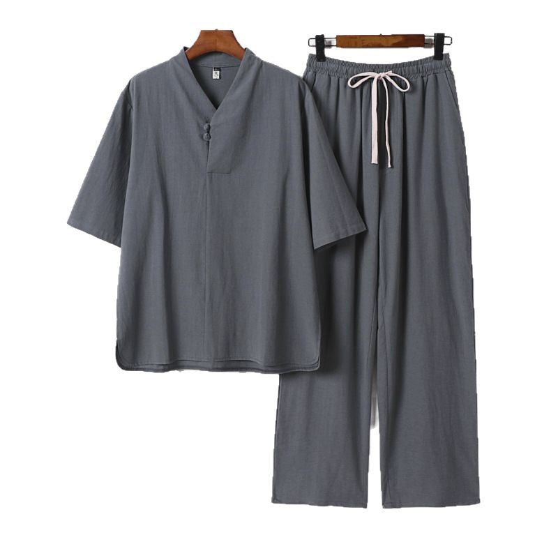Herren Zweiteiliges Leichtes Loungewear-Set mit Stehkragen-Halbarmshirt und Kordelbund-Hose Shop Nory