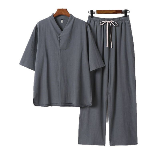 Herren Zweiteiliges Leichtes Loungewear-Set mit Stehkragen-Halbarmshirt und Kordelbund-Hose Shop Nory