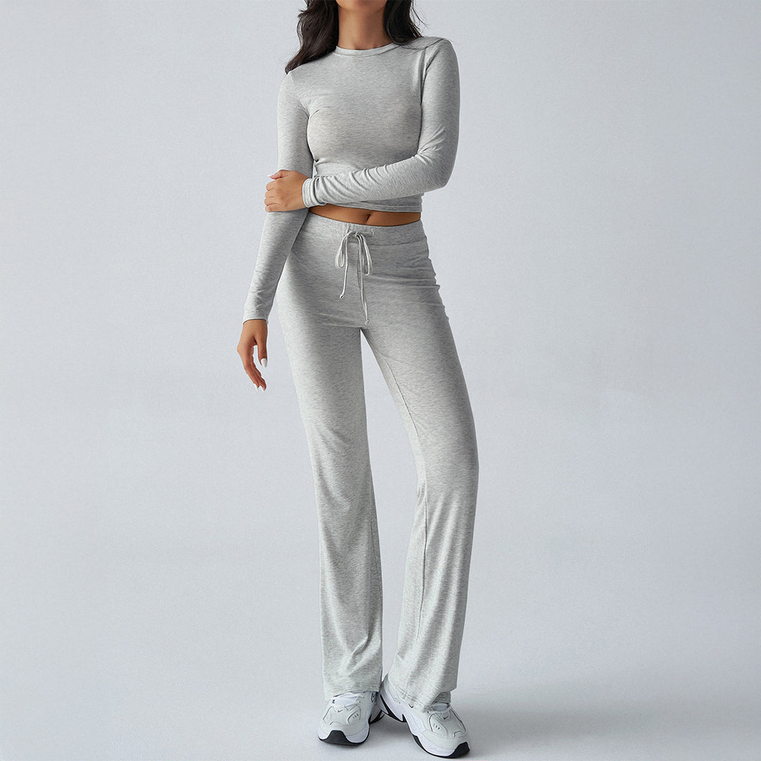 Damen nan tailliertes Longsleeve-Crop-Top und weite Lounge-Hose im Zweiteiler-Set aus Stretchjersey Shop Nory