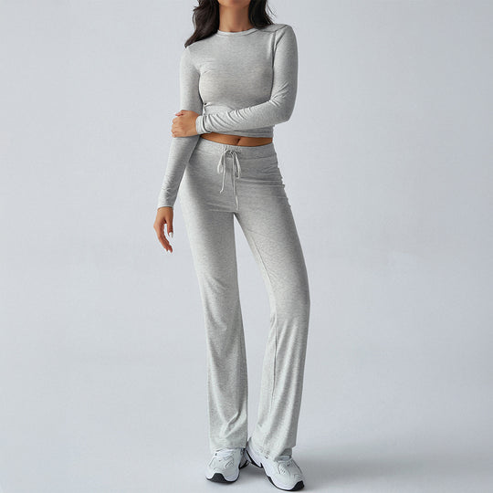 Damen nan tailliertes Longsleeve-Crop-Top und weite Lounge-Hose im Zweiteiler-Set aus Stretchjersey Shop Nory