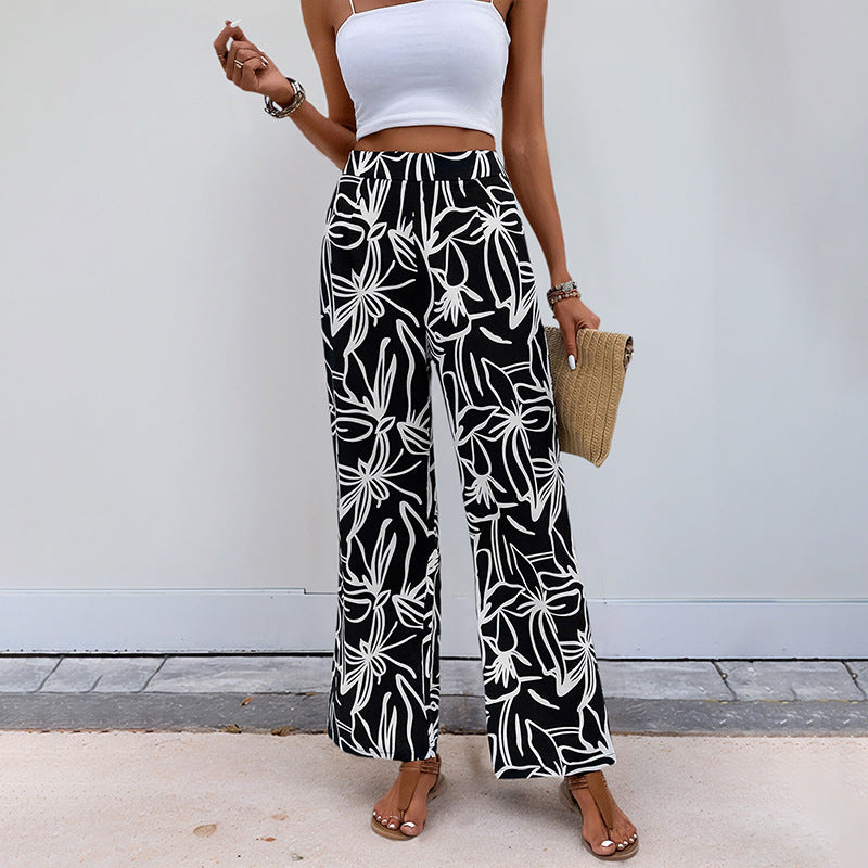 Damen Weite Leinenoptik-Hose mit hohem Bund und floralem Print Shop Nory