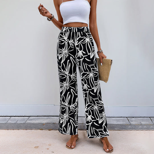 Damen Weite Leinenoptik-Hose mit hohem Bund und floralem Print Shop Nory