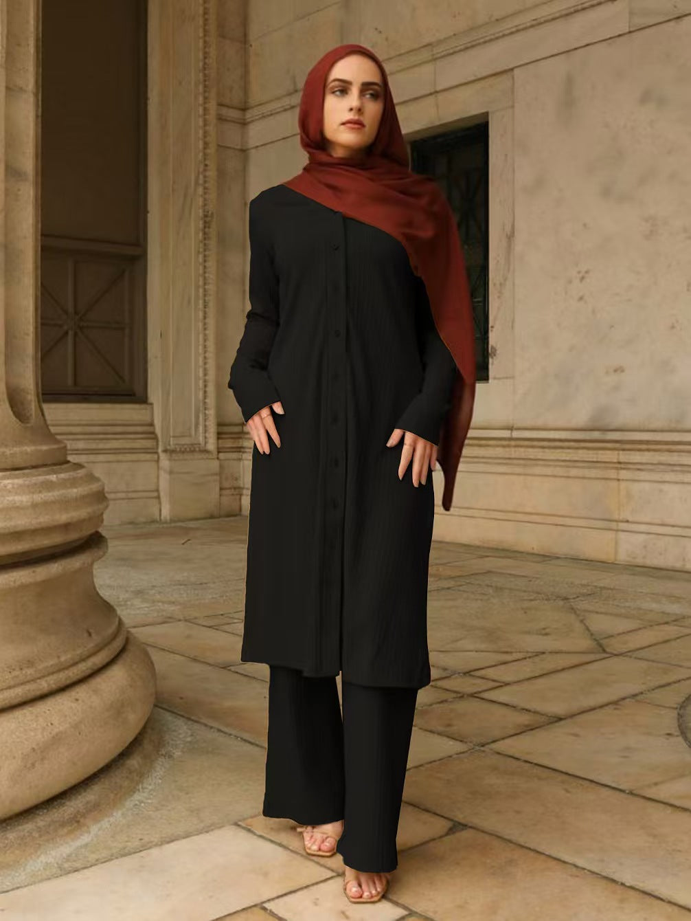 Damen Modestisches Knopf-Tunika-Set mit gerader Silhouette, langen Ärmeln und weitem Palazzo-Hosenbein Shop Nory