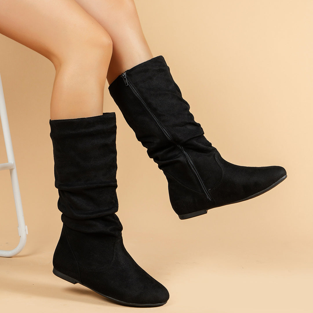 Damen Slouch-Stiefel mit flachem Absatz, seitlichem Reißverschluss und weichem Velours Shop Nory