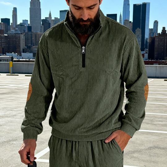 Herren Cord-Struktur-Halbzip-Pullover im Relaxed-Fit mit Stehkragen und Ellbogen-Patch Shop Nory