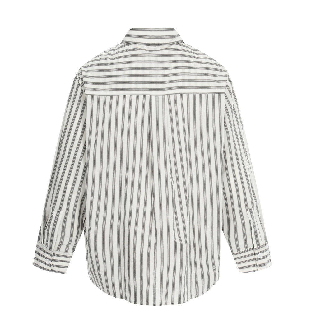 Damen Oversize-Hemd mit Längsstreifen, Krawatten-Print und Vintage-Schriftzug Shop Nory