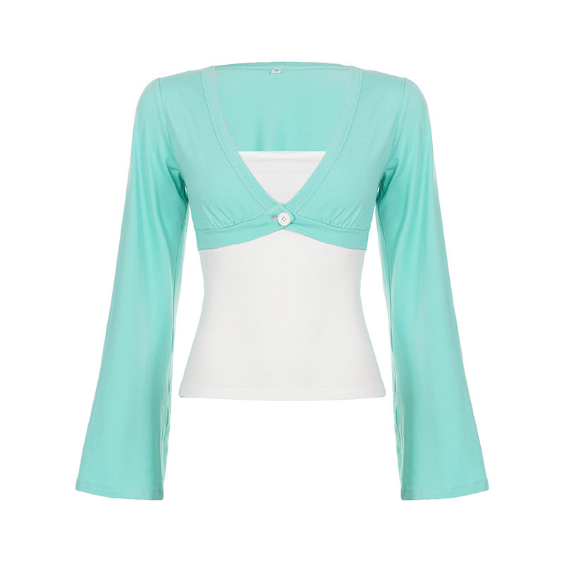 Damen nan Bolero-Overlay-Top mit tiefem V-Ausschnitt, ausgestellten Trompetenärmeln und integrierter Camisole Shop Nory