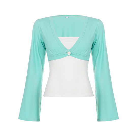 Damen nan Bolero-Overlay-Top mit tiefem V-Ausschnitt, ausgestellten Trompetenärmeln und integrierter Camisole Shop Nory