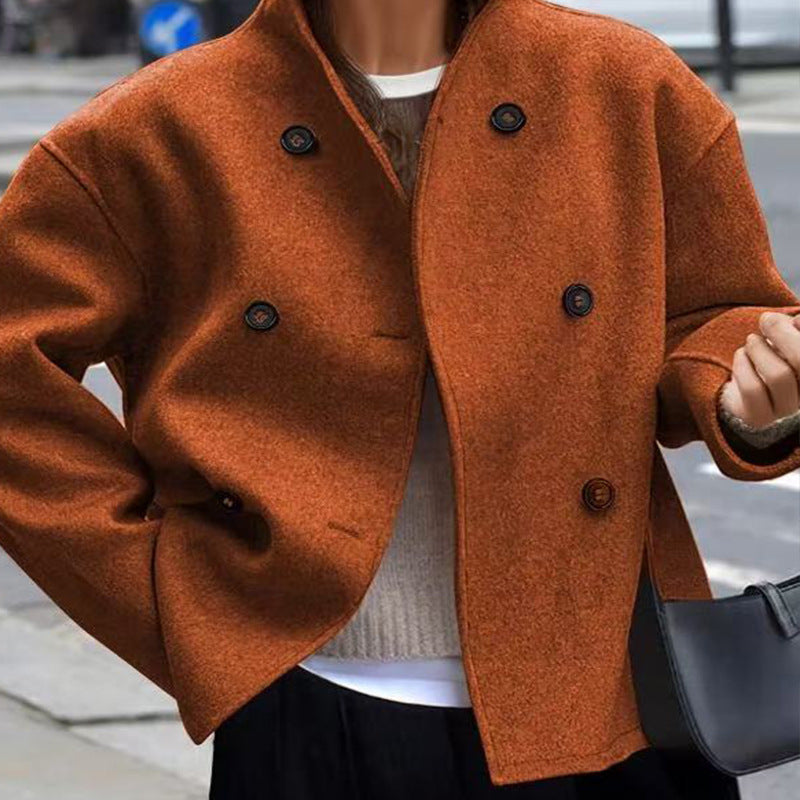 Damen Kurz geschnittener Oversize-Wollmantel mit doppelreihiger Knopfleiste und Stehkragen Shop Nory