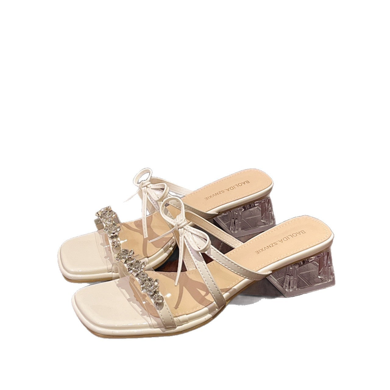 Damen glamouröse Sandalen mit funkelnden Strassdetails und transparentem Blockabsatz