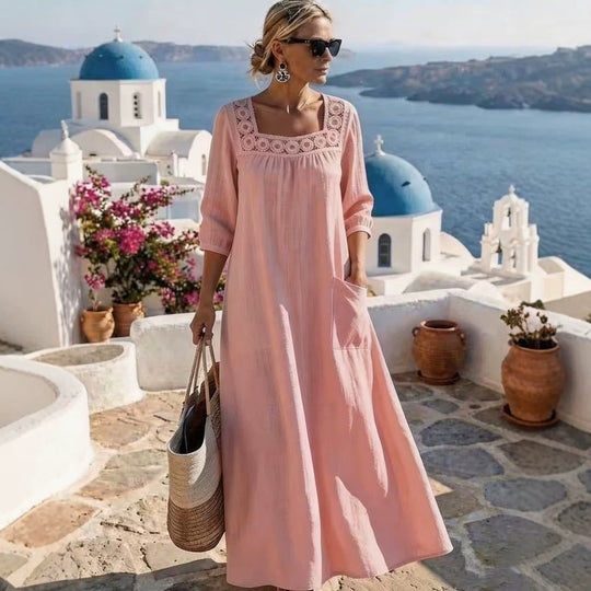 Damen Maxikleid mit gehäkeltem Quadrat-Ausschnitt, dreiviertel Ärmeln und Eingrifftasche Shop Nory