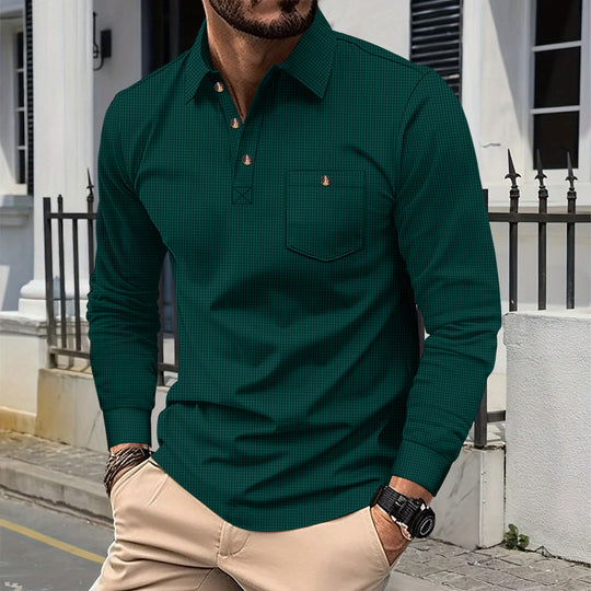 Herren nan strukturierter Langarm-Polo mit Brusttasche und Hemdkragen Shop Nory