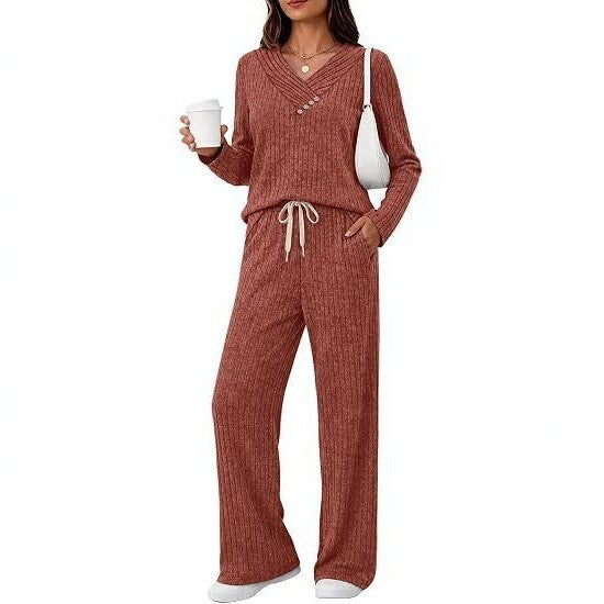 Damen Weiches Rippstrick-Lounge-Set mit V-Ausschnitt und Kordelbund Shop Nory