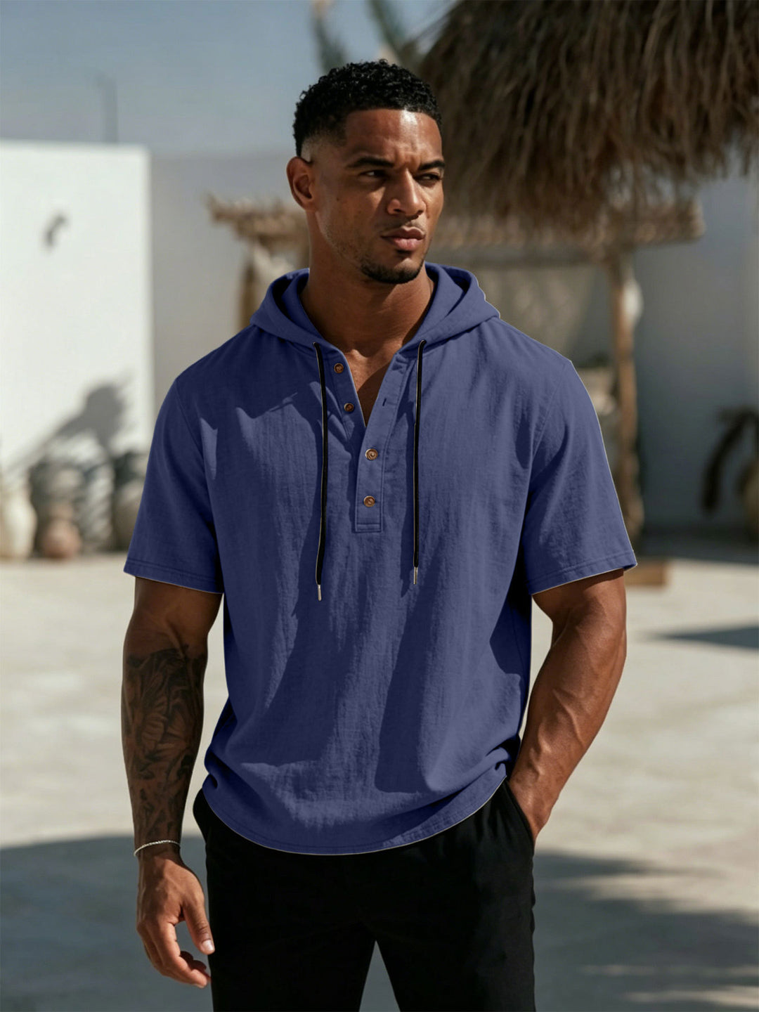 Herren Kurzarm-Hoodie-Henley aus Leinenoptik mit Knopfleiste Shop Nory