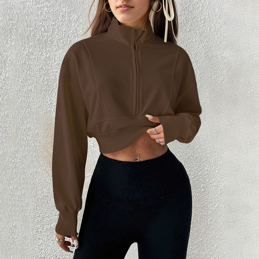 Damen kurzes Stehkragen-Sweatshirt mit halbem Reißverschluss, tailliertem Rippenbund und Daumenloch-Ärmeln Shop Nory