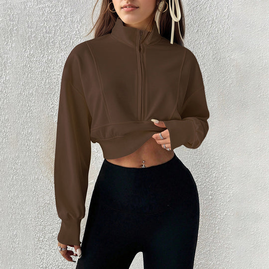 Damen kurzes Stehkragen-Sweatshirt mit halbem Reißverschluss, tailliertem Rippenbund und Daumenloch-Ärmeln Shop Nory