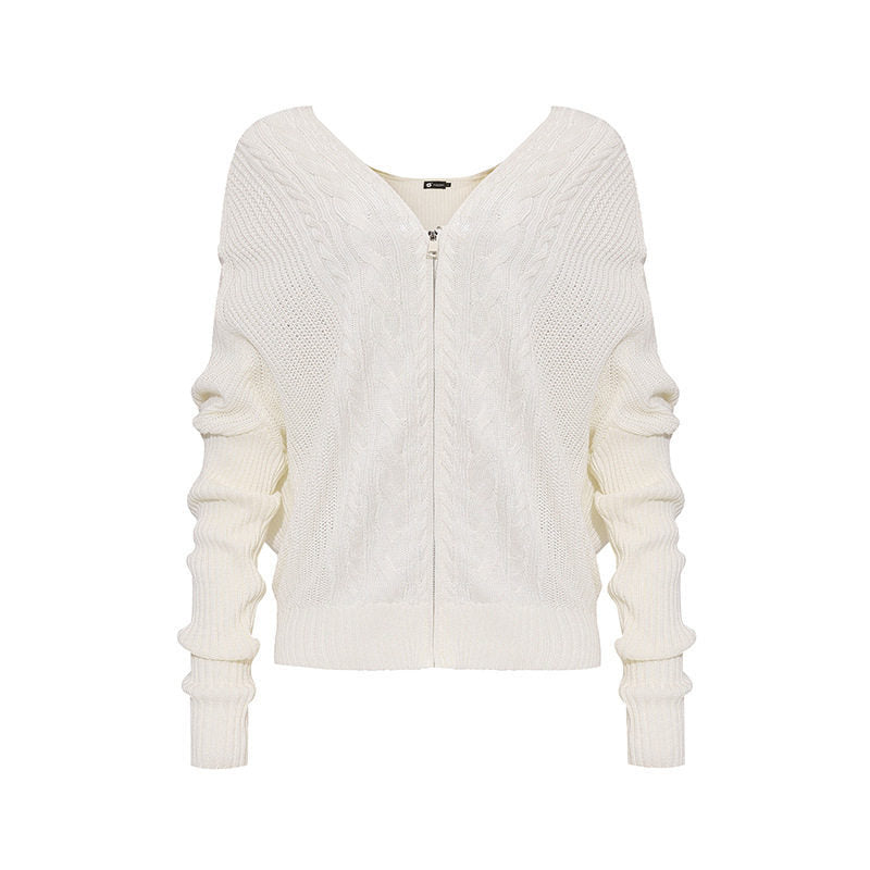 Damen figurnahe Zopfmuster-Strickjacke mit durchgehendem Reißverschluss und weitem V-Ausschnitt Shop Nory