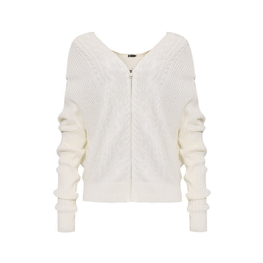 Damen figurnahe Zopfmuster-Strickjacke mit durchgehendem Reißverschluss und weitem V-Ausschnitt Shop Nory