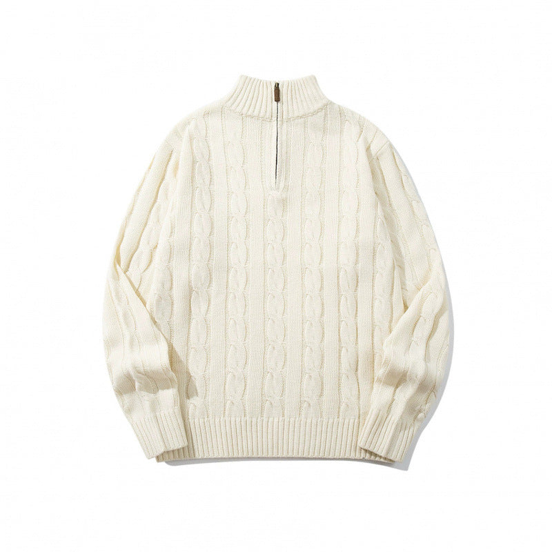Unisex Grobgestrickter Halbreißverschluss-Zopfmuster-Pullover mit Stehkragen und gerippten Abschlüssen Shop Nory