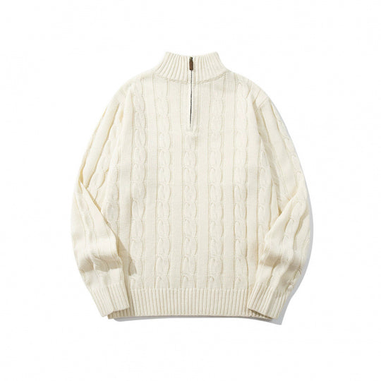 Unisex Grobgestrickter Halbreißverschluss-Zopfmuster-Pullover mit Stehkragen und gerippten Abschlüssen Shop Nory