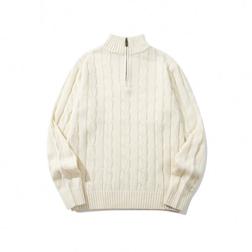Unisex Grobgestrickter Halbreißverschluss-Zopfmuster-Pullover mit Stehkragen und gerippten Abschlüssen Shop Nory