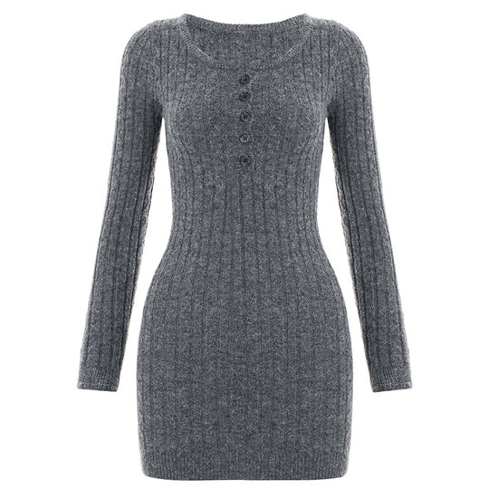 Damen nan figurbetontes Ripp-Strickkleid mit Henley-Knopfleiste und langem Arm Shop Nory