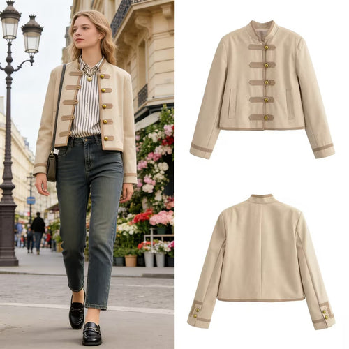 Damen Kurze Militärinspirierte Jacke mit Stehkragen und Zierknebelverschluss Shop Nory