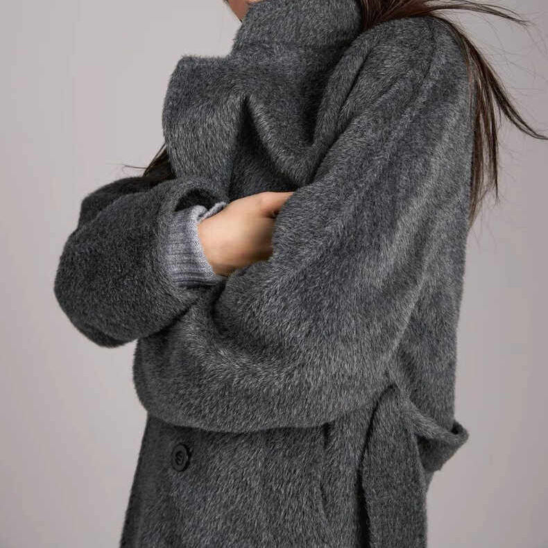 Damen Modischer und eleganter Bouclé-Mantel mit doppelter Knopfleiste Shop Nory