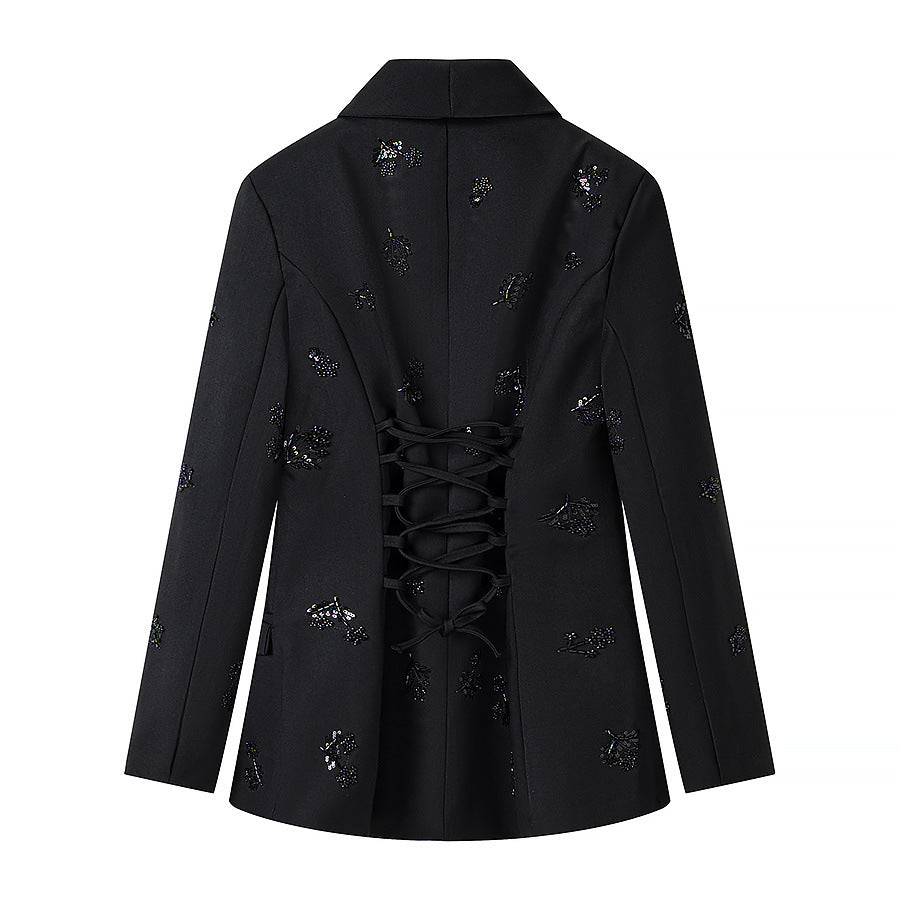 Damen Doppelreihiger Blazer mit Paillettenblüten und Schalkragen Shop Nory