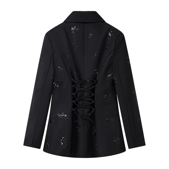 Damen Doppelreihiger Blazer mit Paillettenblüten und Schalkragen Shop Nory