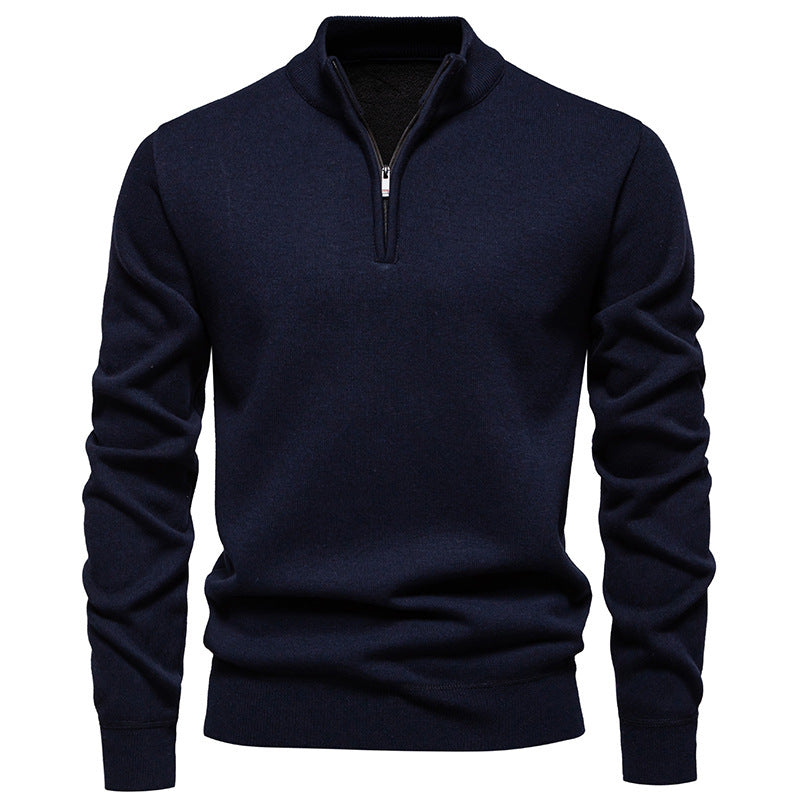 Herren Slim-Fit Feinstrickpullover mit kurzem Reißverschluss, Stehkragen und geripptem Bund Shop Nory
