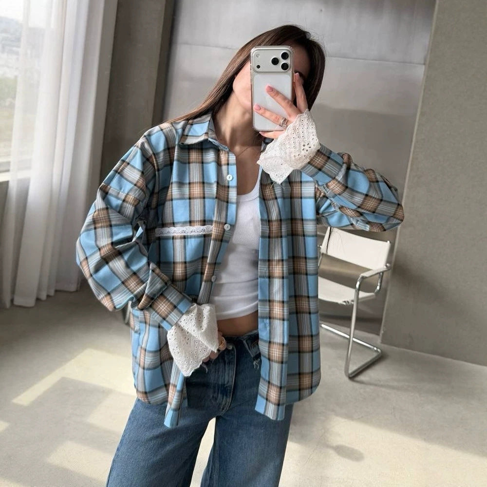 Damen Oversize-kariertes Flanellhemd mit Spitzenmanschetten und Zierpaspel Shop Nory