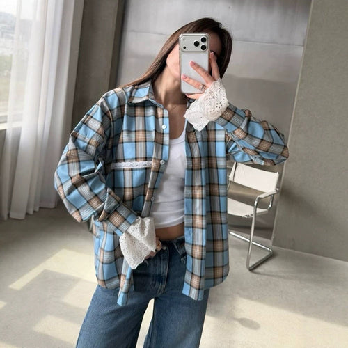 Damen Oversize-kariertes Flanellhemd mit Spitzenmanschetten und Zierpaspel Shop Nory