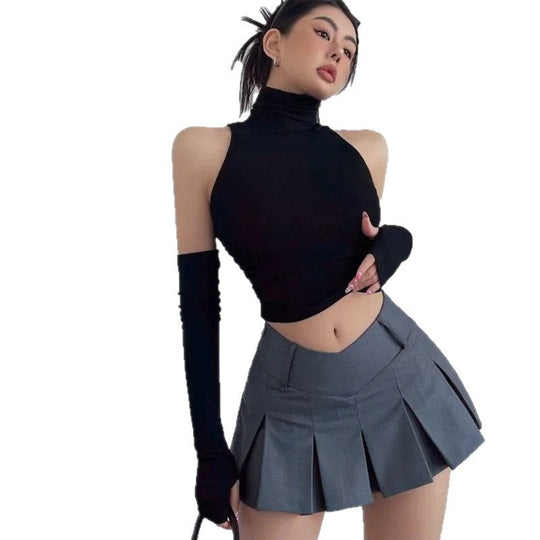 Damen Langarm Crop-Top mit Stehkragen und figurbetontem Schnitt