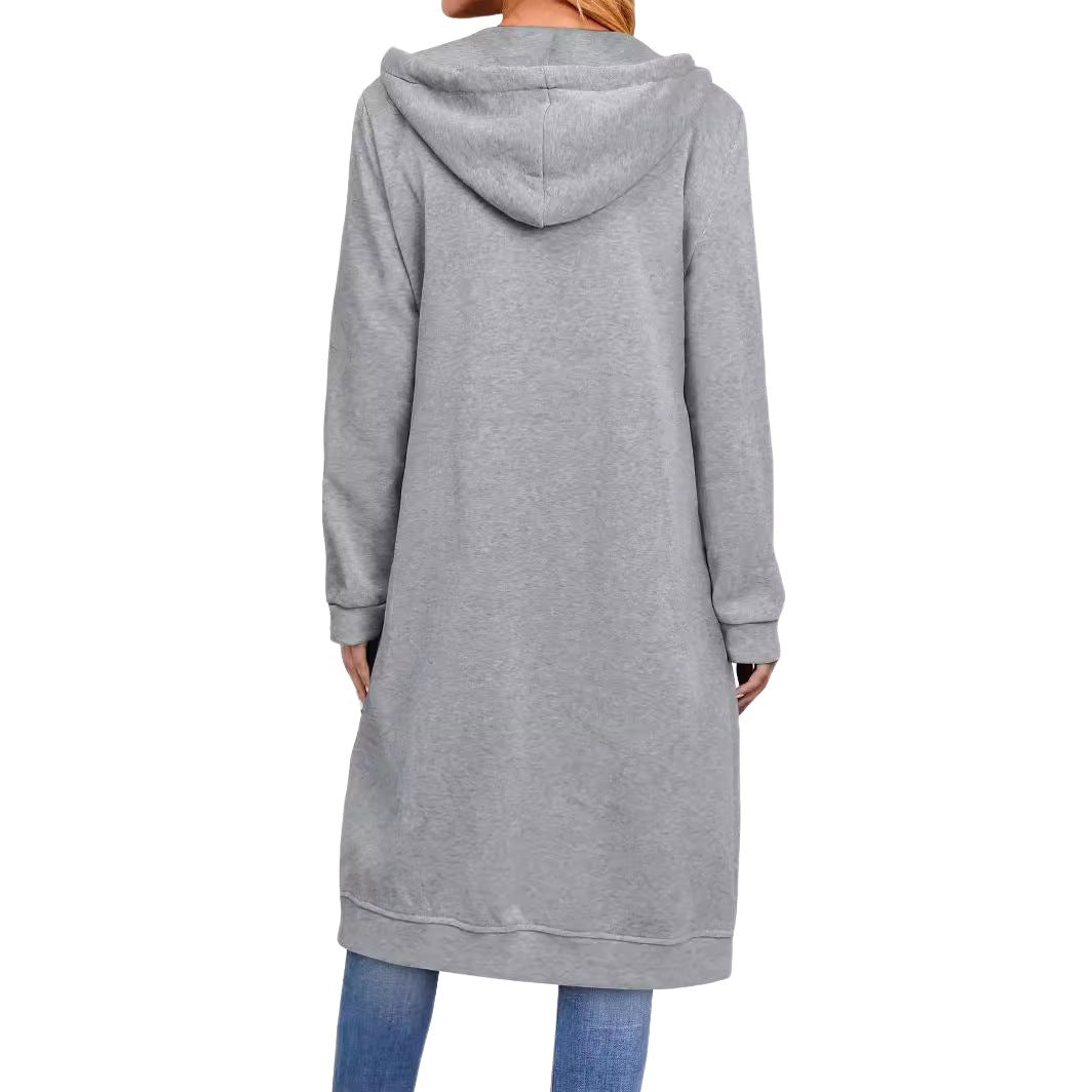 Damen Langer Kapuzen-Sweatmantel mit Zwei-Wege-Reißverschluss und Kängurutaschen Shop Nory
