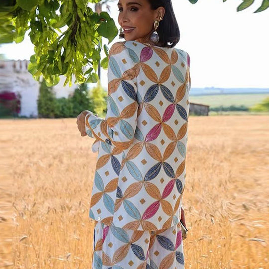 Damen Zweiteiliger Jacquard-Anzug mit Taillenschleife und weitem Bein Shop Nory