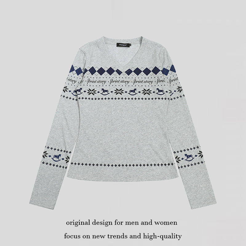 Damen Langarmshirt mit V-Ausschnitt und skandinavischem Norwegerprint aus Baumwollmix Shop Nory