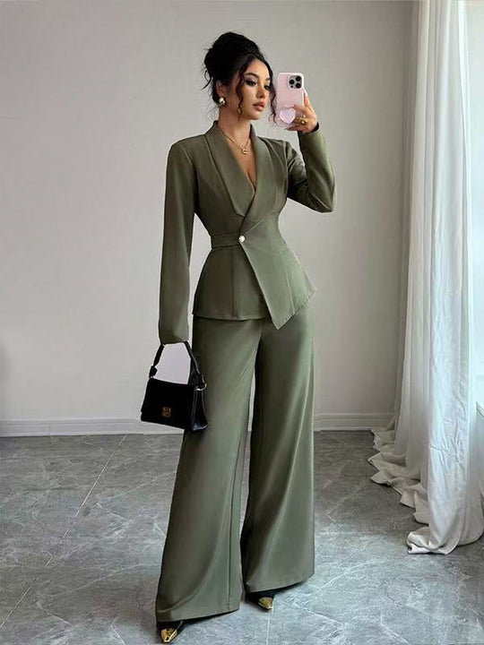 Damen tailliertes Hosenanzug-Set mit asymmetrischem Blazer und weitem Bein Shop Nory