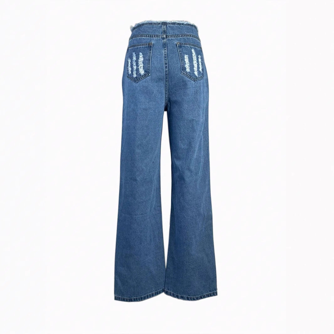 Damen hochgeschnittene weite Jeanshose aus Denim mit stark zerstörter Front und rohem Bund Shop Nory