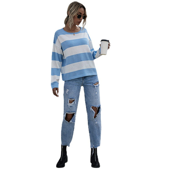 Damen Lockerer gestreifter Pullover mit Carmen-Ausschnitt und Oversize-Schnitt Shop Nory