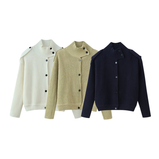 Damen Strukturstrick-Cardigan mit Stehkragen, Knopfleiste und Schulterpatten Shop Nory