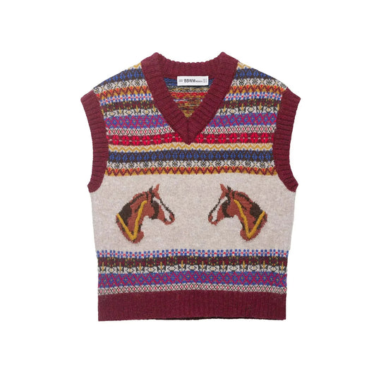Damen Strickweste mit Norweger‑Muster, V‑Ausschnitt und Pferdeintarsien Shop Nory